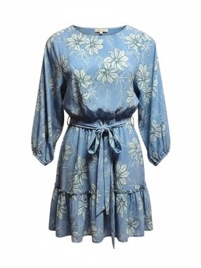 Flying Tomato Blue Floral Long Sleeve Tie Waist Ruffle Dress Size Small